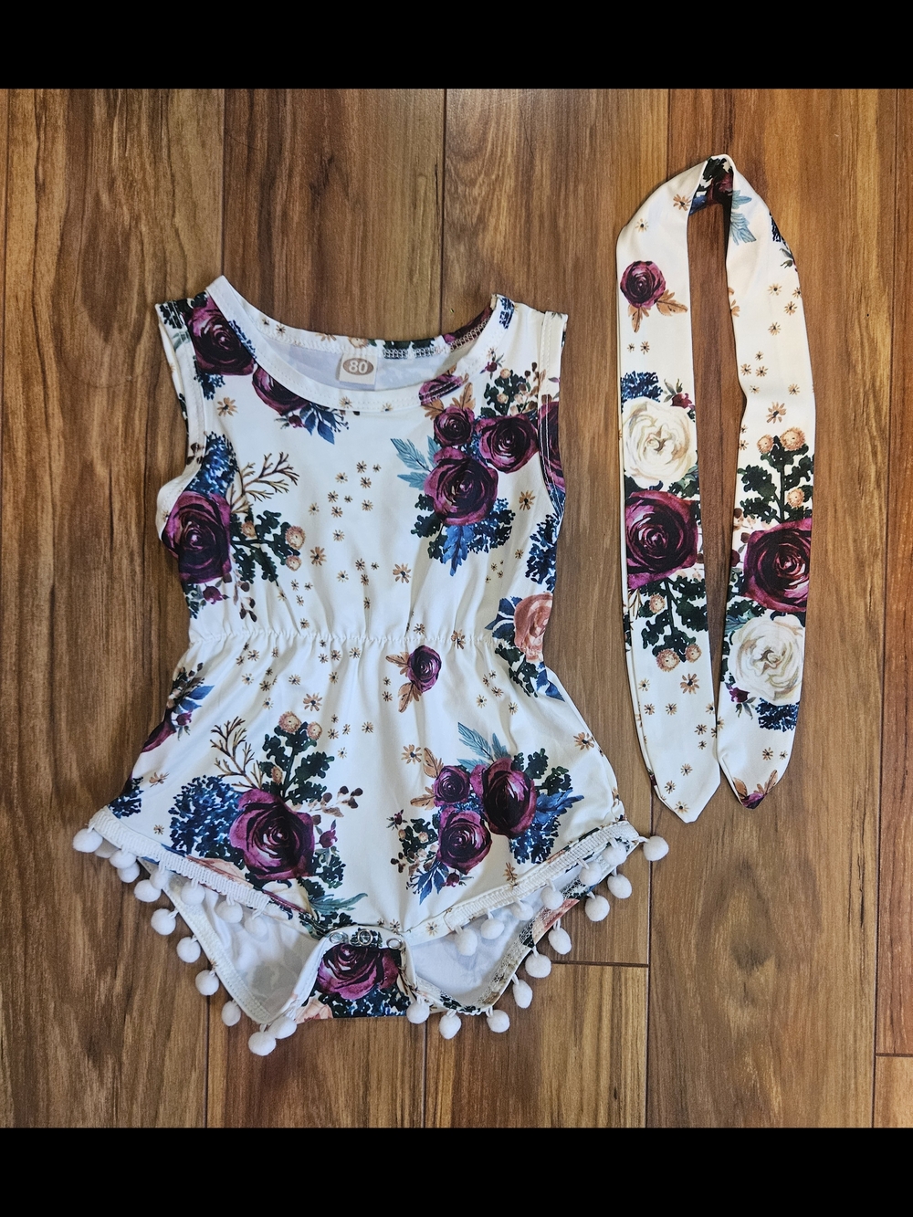Floral Pom Pom Romper with Matching Headband - White & Burgundy